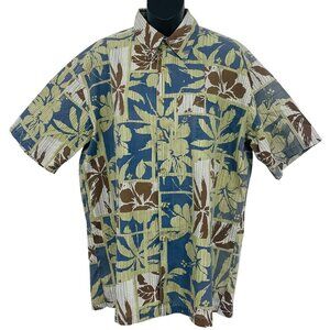 Kalaheo Hawaiian Aloha Shirt Medium Blue Brown Floral Short Sleeve Button Up EUC